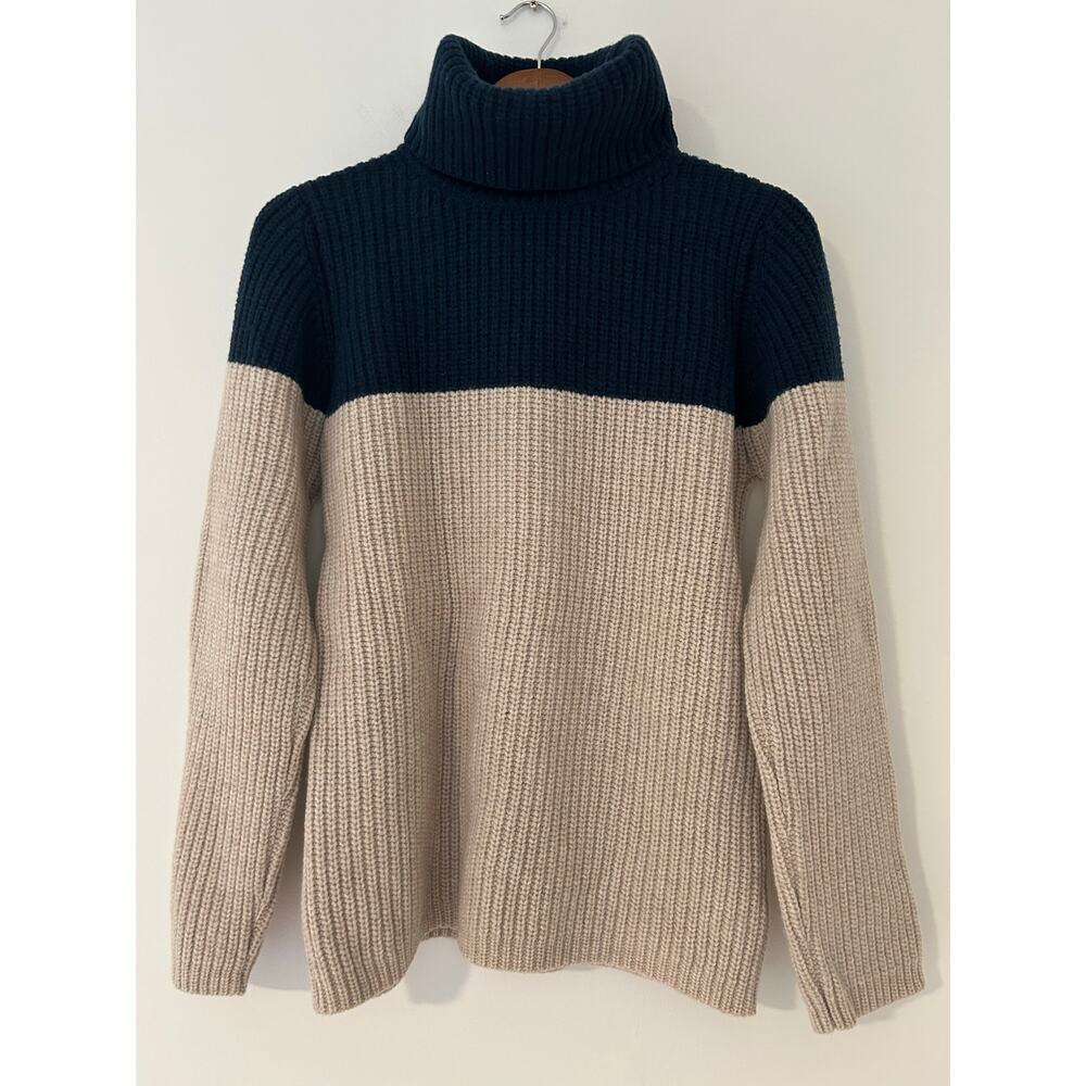 Celtic & Co 100% LAMBSWOOL
Colourblock Turtleneck Sweater Navy Blue Cream Tan S